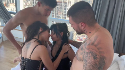 Two slutty brunettes from college gets fucked really intense in all their holes during a nice orgy
