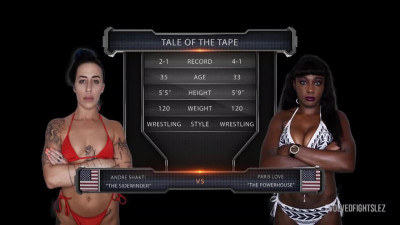 Interracial wrestling with Andre Shakti x Paris Love turned into lesbian strapon fuck