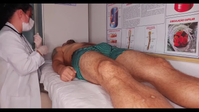 Young Latin nurse found a great way out in such an awkward situation with her patient.