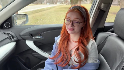 Pretty Nerdy Busty Redhead PAWG Sucks & Rides Her BF's BBC In the Car On Their 1-st Date